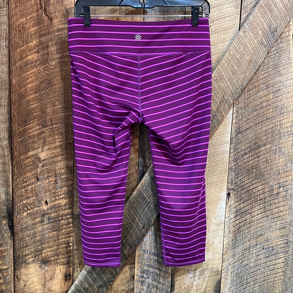 Athleta Womens Violet Purple Striped Workout Mid Rise Capri Cropped Leggings - Picture 4 of 5